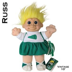 VTG Russ Troll Kidz Cheerleader w/ Tags Soft Body Yellow Hair Green White 12"